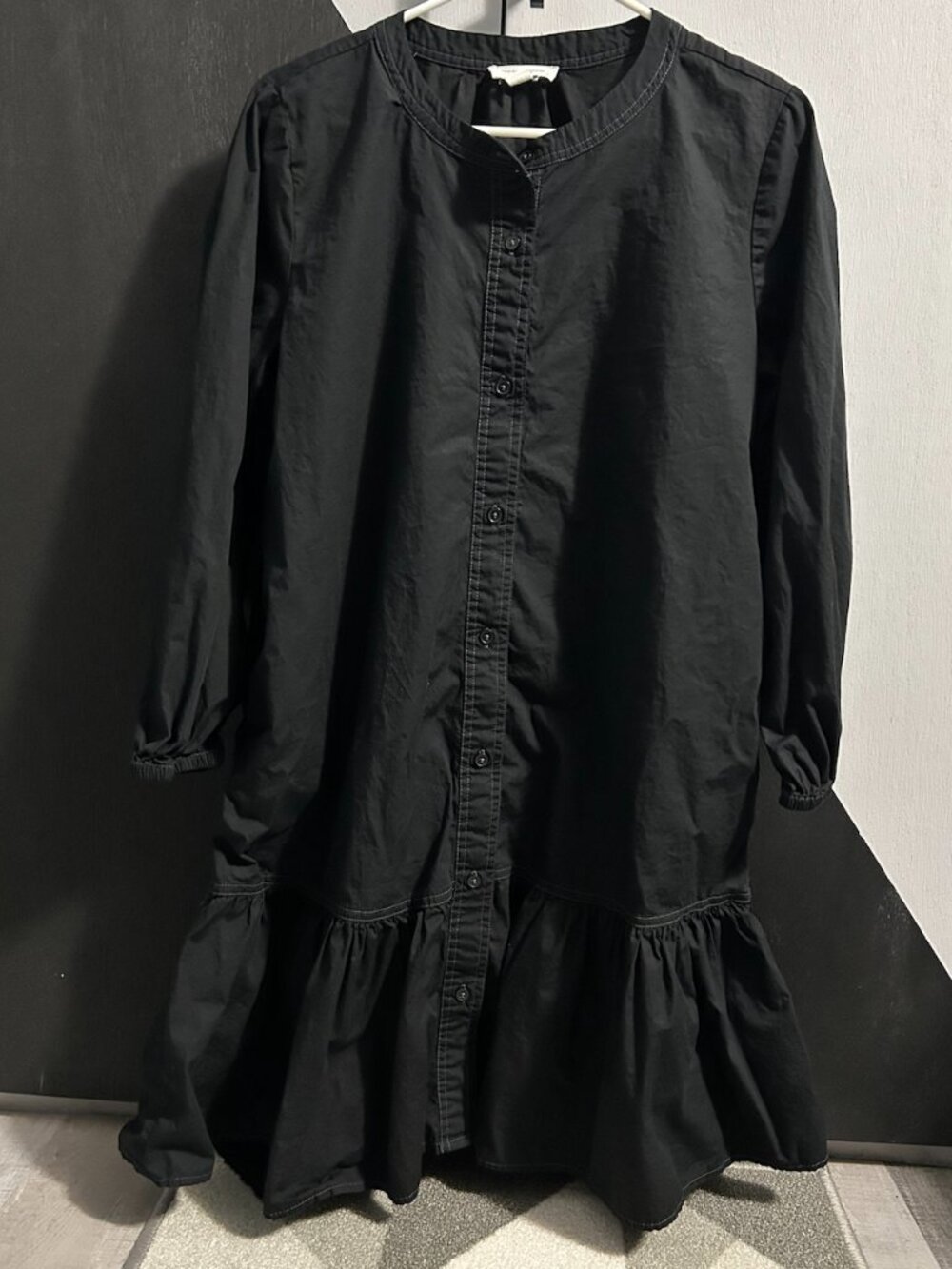 beachlunchlounge Black Ruffle Hem Poplin Shirt Dress *NO BELT* Wmn's M